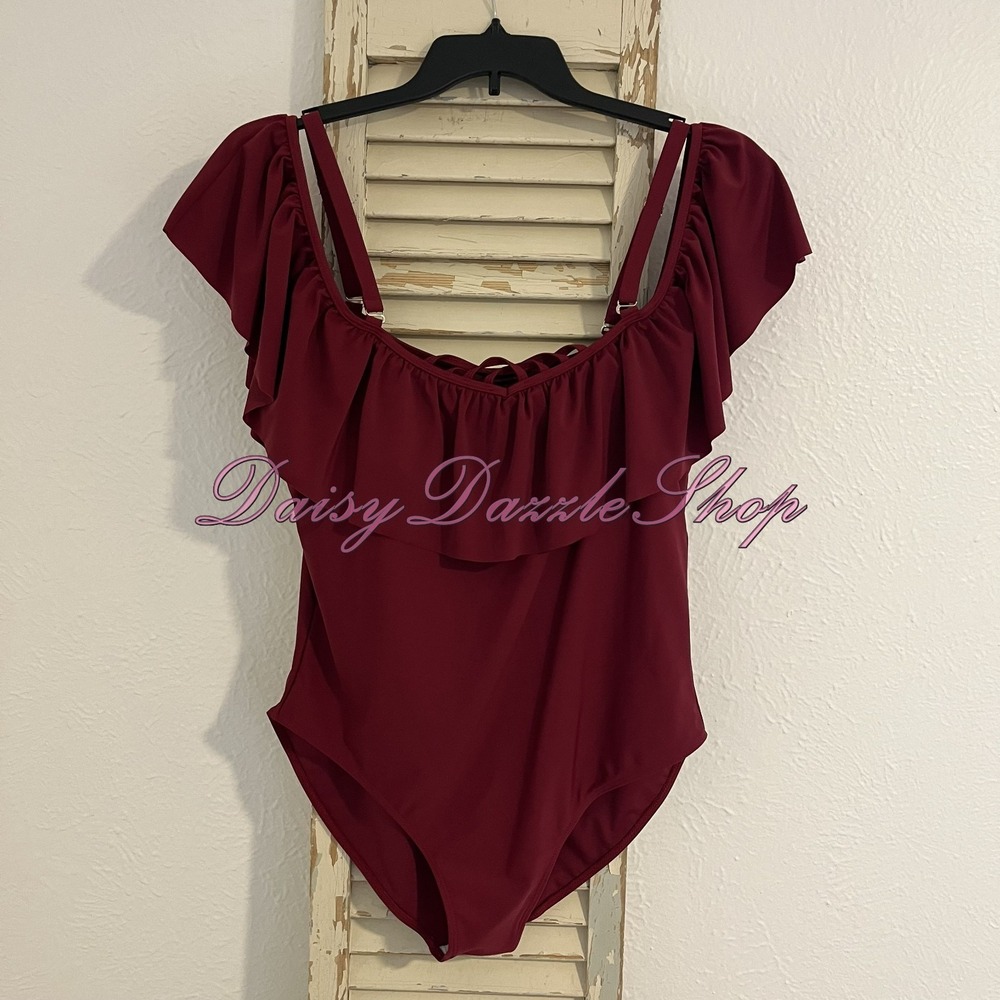 Unbranded 1 piece Red Maroon Off The Shoulder Ruffle One Piece Swimsuit  2XL